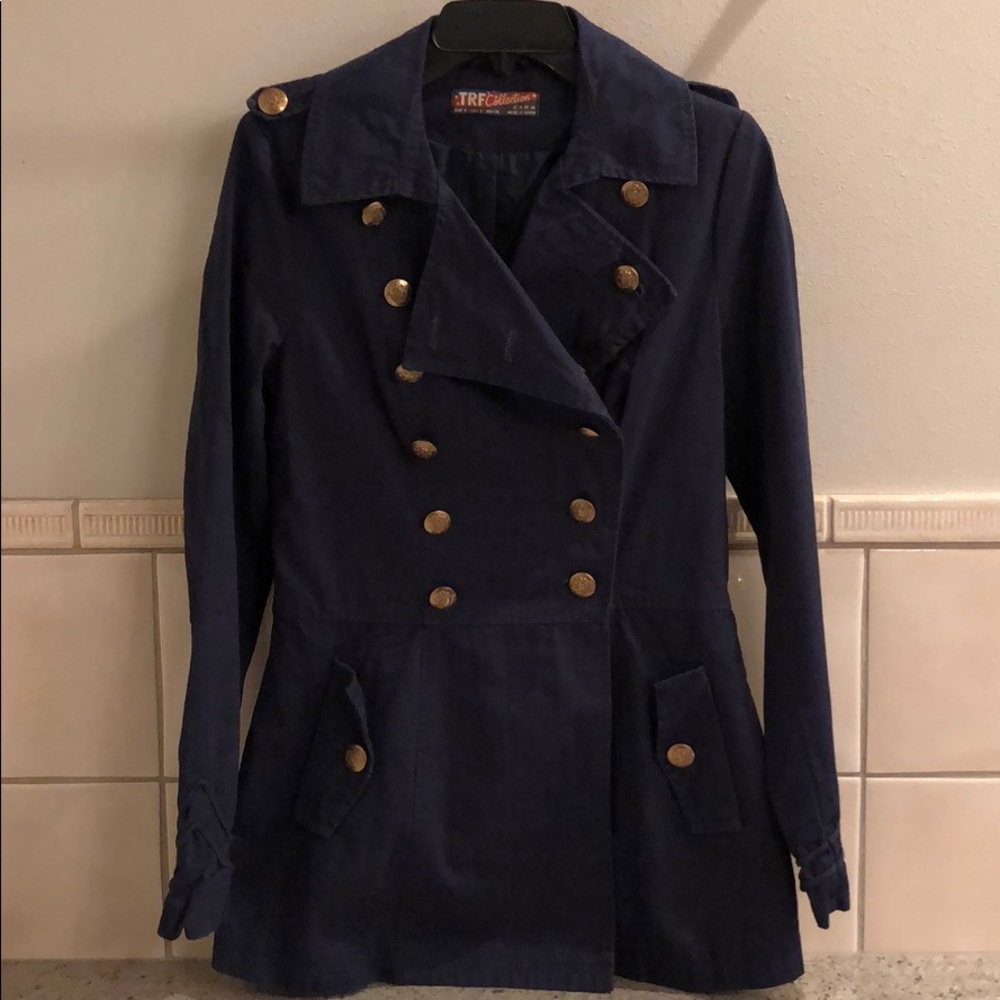 New Zara navy military tailored band jacket pea coat cotton trench blazer jacket - Picture 1 of 8